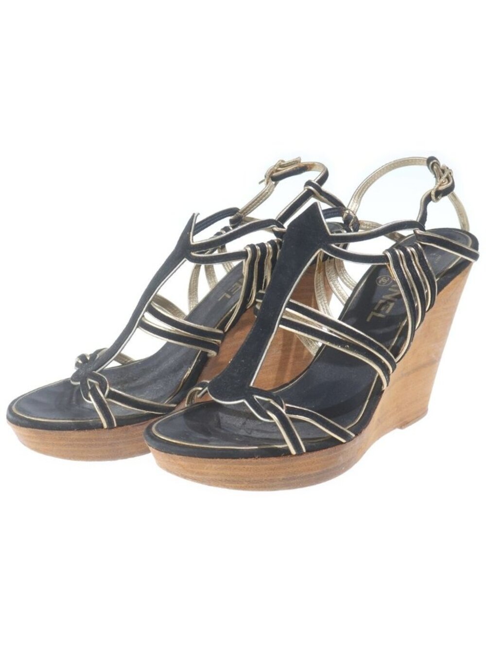 Chanel CC Logo Suede Leather Heels Wedge Sole Gladiator Sandals Shoes Black Gold